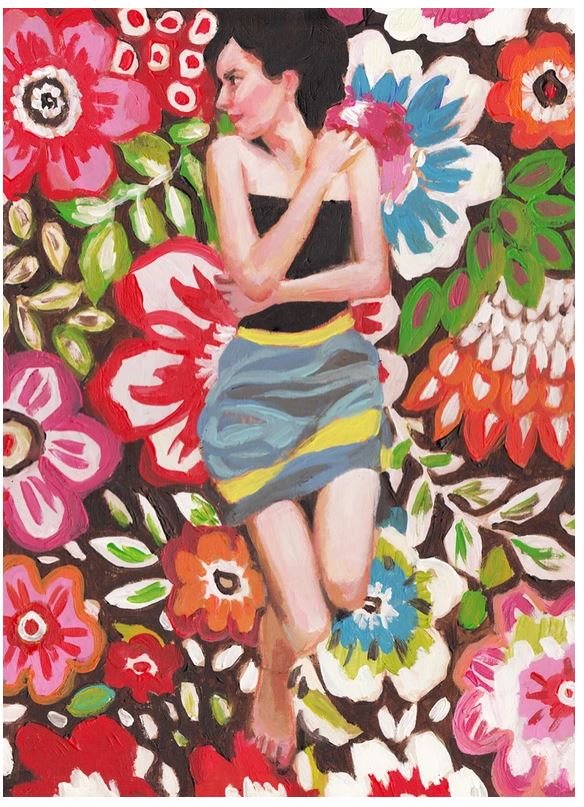 הדפס A3 אישה צעירה על רקע פרחים